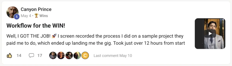 Member win posted inside the community